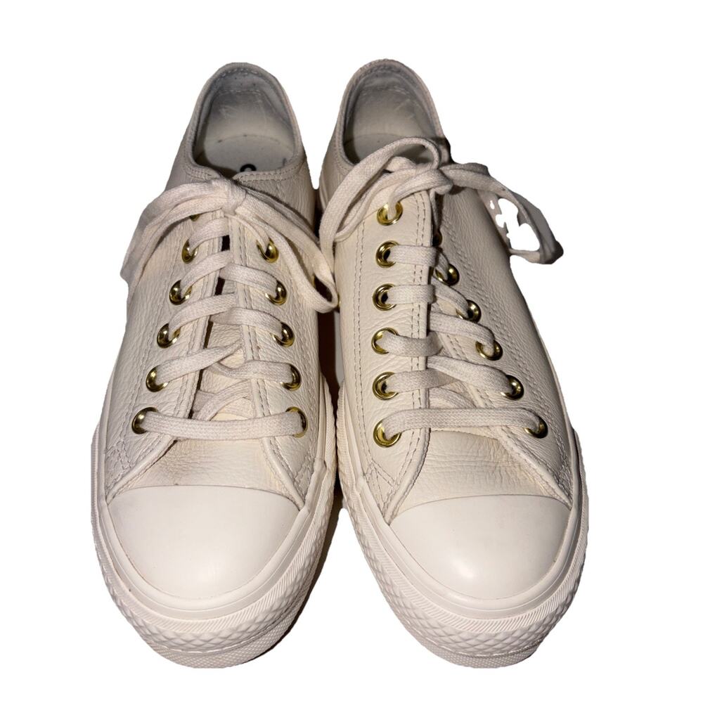 Converse Chuck Taylor All Star Lift Ox White Leather Gold Platform Woman 6.5